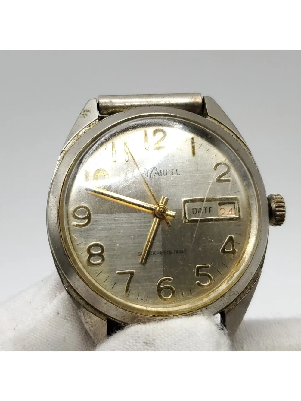 Vintage Mens Marcel Watch Running Fast Silver Tone Day/Date Dial